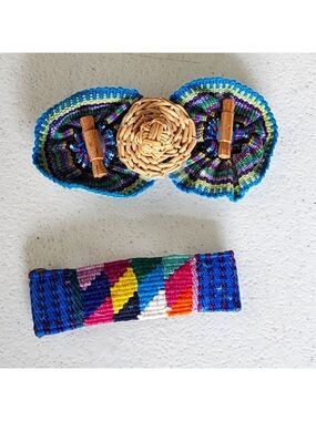 Mexico handmade threded hair barrette lot of 2 colorful needlework
